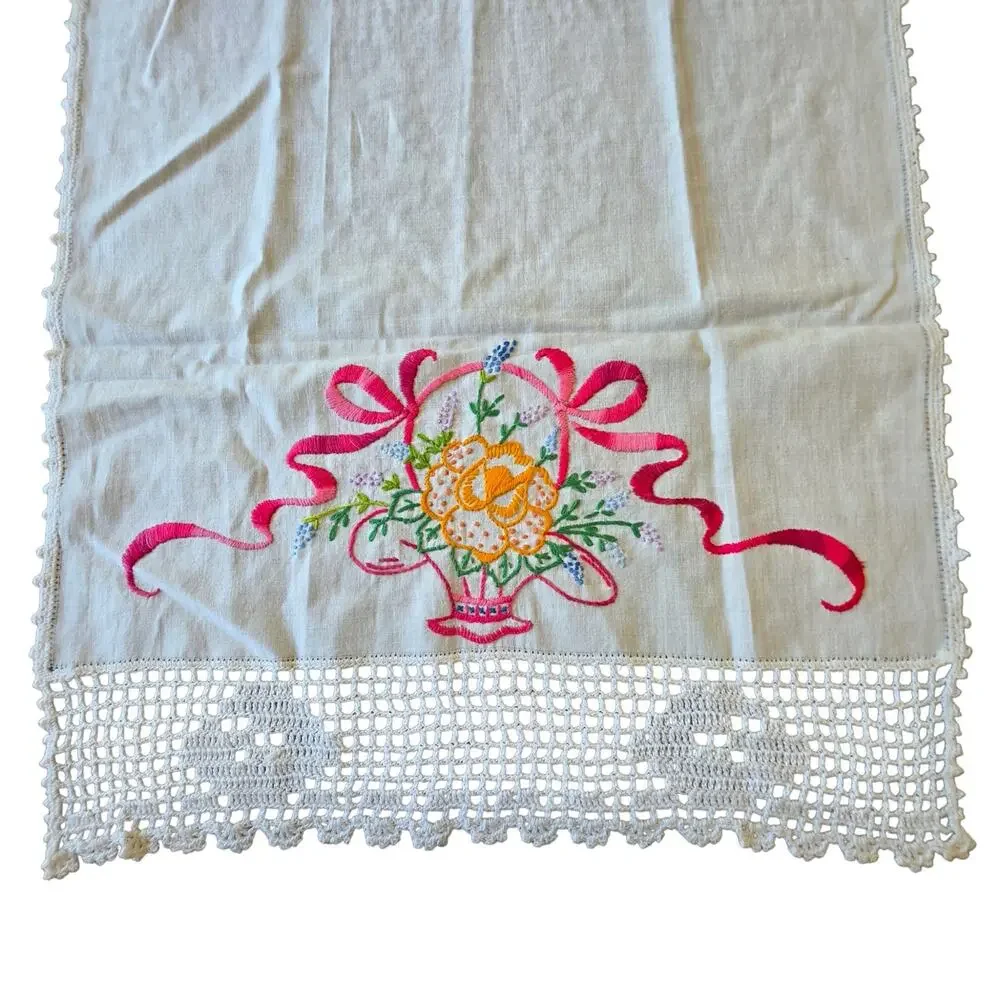 Vintage Floral Basket Embroidered Dresser Scarf Linen Runner Double Sided 32